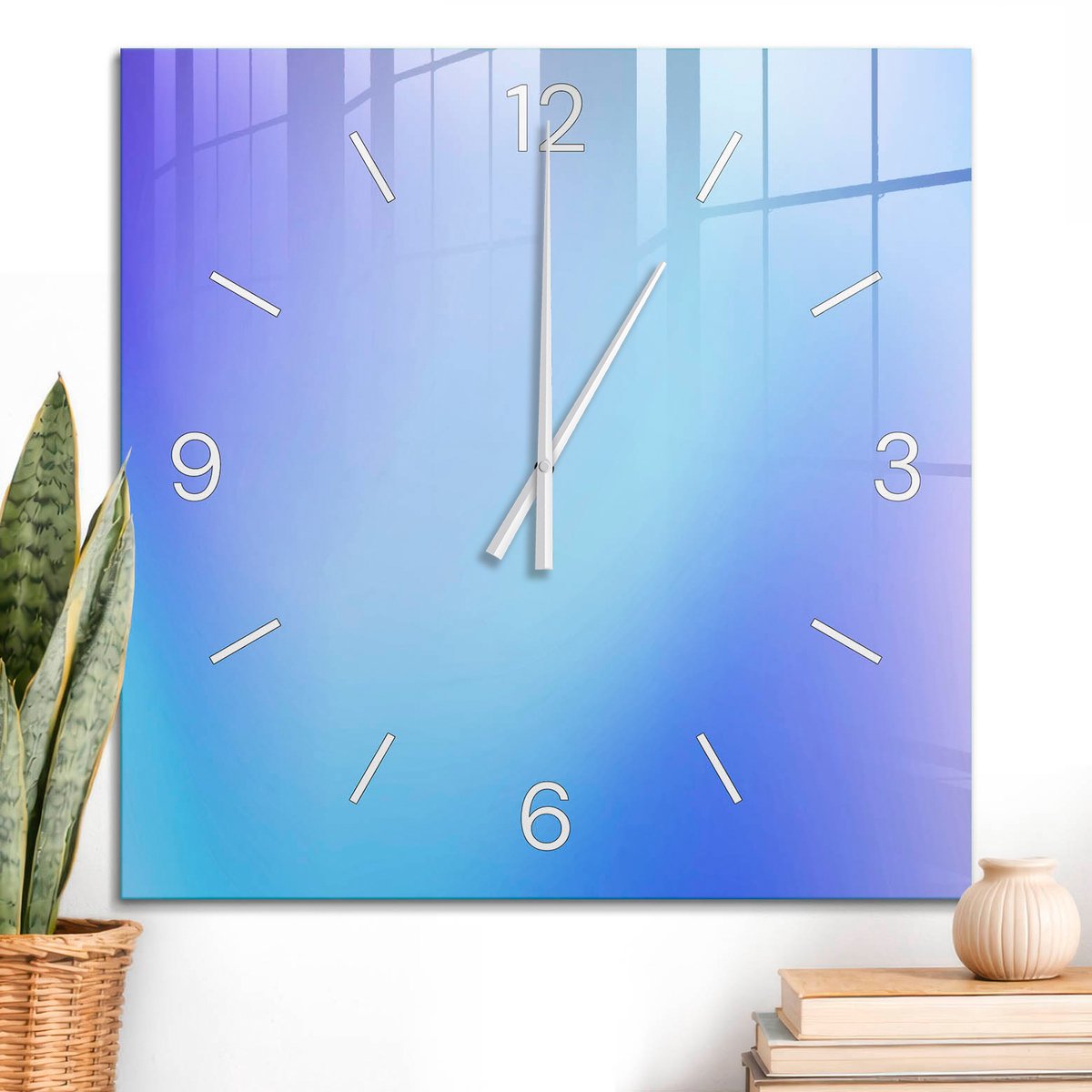 ArtPrintCave Blauw Glazen Klok - 60x60 cm - Wandklok Vierkant - Kleurrijke Vrede Unieke Klok - Achtergronden En Patronen Stille Wandklok - Witte Klokwijzers