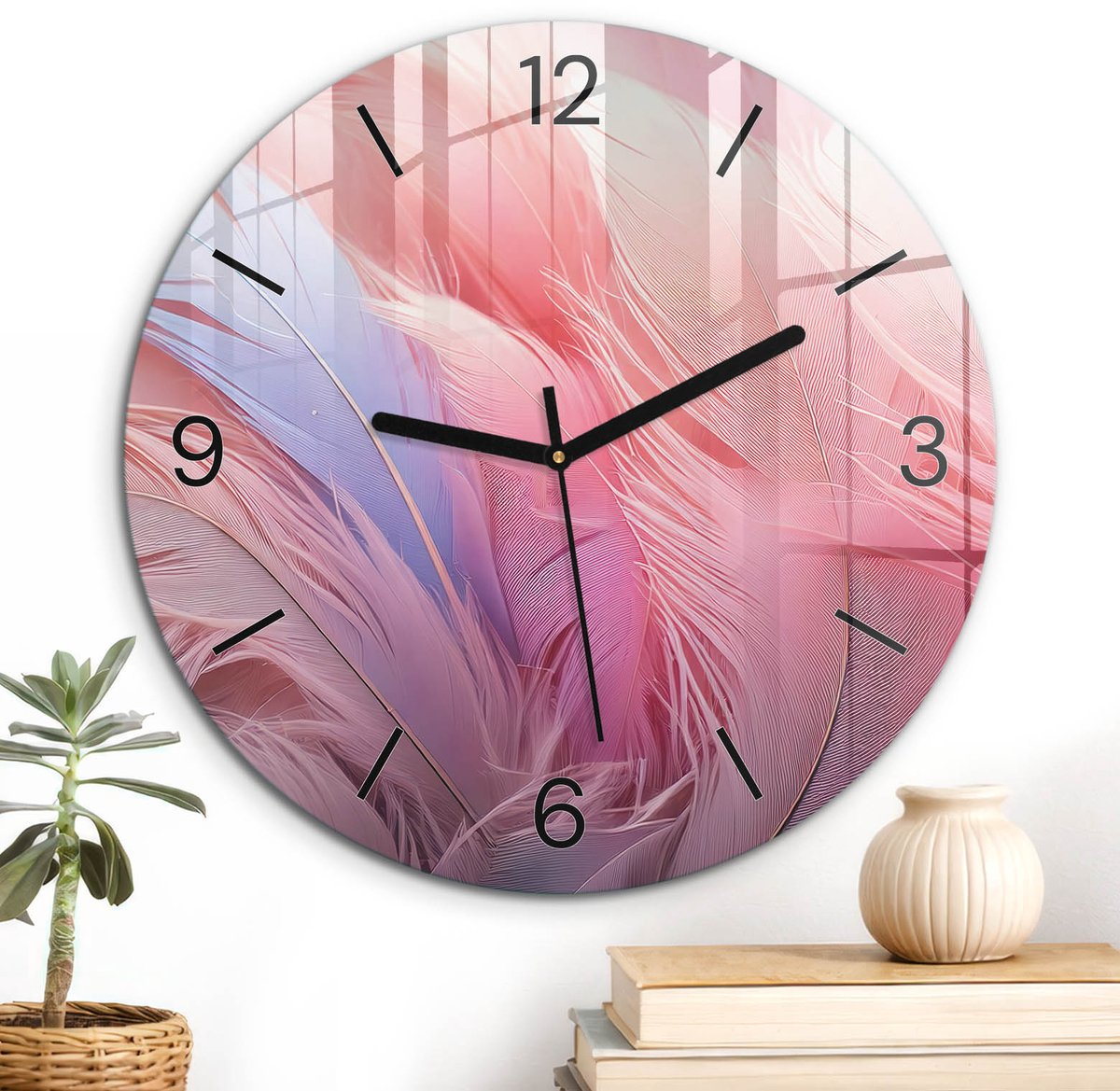 ArtPrintCave Roze Glazen Klok - Wandklok 30 cm - Muurklok Rond - Pastelkleurige Veren Stille Wandklok - Abstractie Wandklok Keuken - Zwarte Klokwijzers