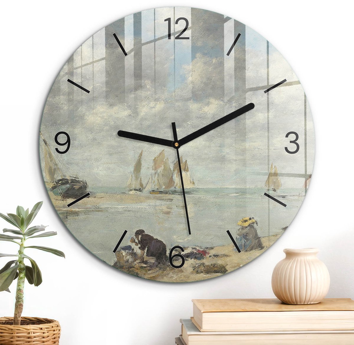 ArtPrintCave Blauw Glazen Klok - Wandklok 30 cm - Muurklok Rond - Kustlandschap Stille Wandklok - Natuur Wandklok Keuken - Zwarte Klokwijzers