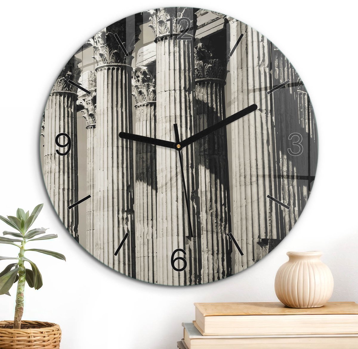 ArtPrintCave Zwart-wit Glazen Klok - Wandklok 30 cm - Muurklok Rond - Oude Zuilen Unieke Klok - Landschappen Stille Wandklok - Zwarte Klokwijzers