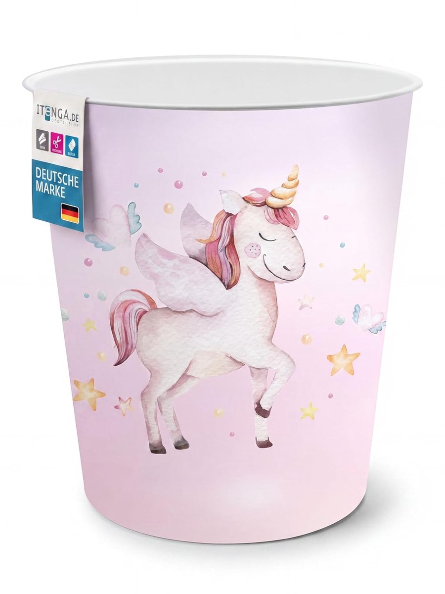Prullenbak voor kinderen met eenhoornmotief, rond, ca. 11 liter, kunststof, hoogte 28 cm
