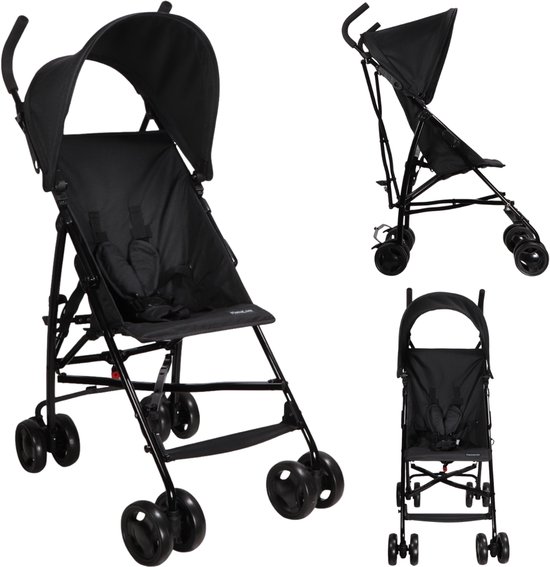 MamaLoes Milan buggy in het zwart, met zonnekap en veiligheidstuigje.