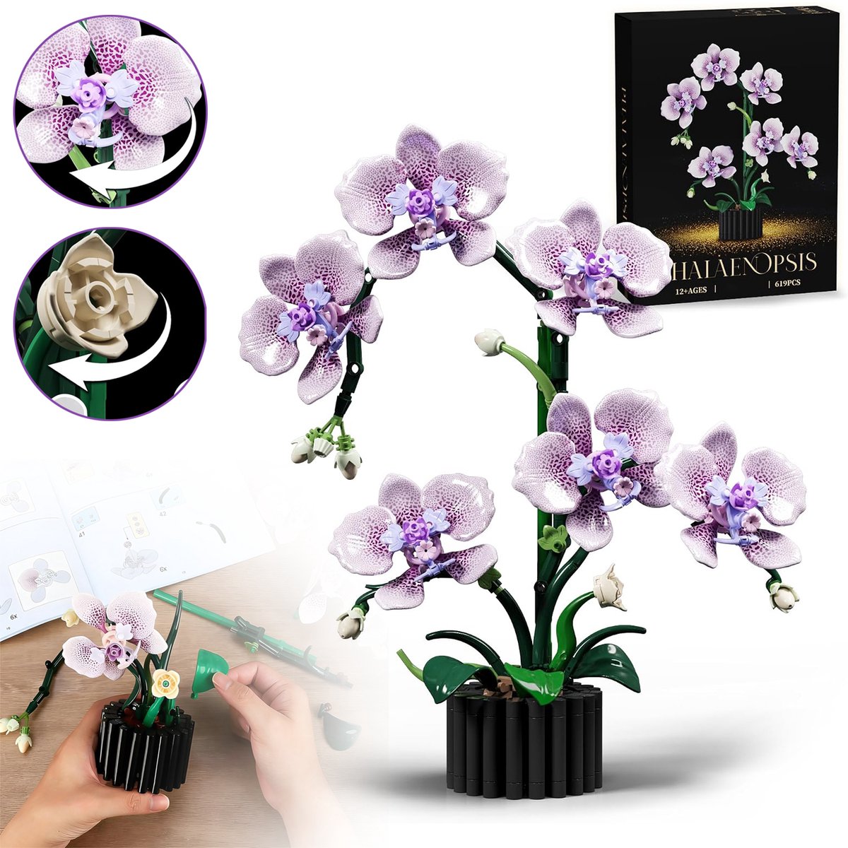 Paarse Orchideeën Bouwblokken Set - Kunstbloemen Botanische Set - Phalaenopsis Orchidee Bloem Bouwblokkenset