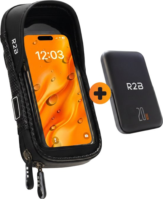 Zwarte telefoonhouder en een zwarte R2B powerbank.