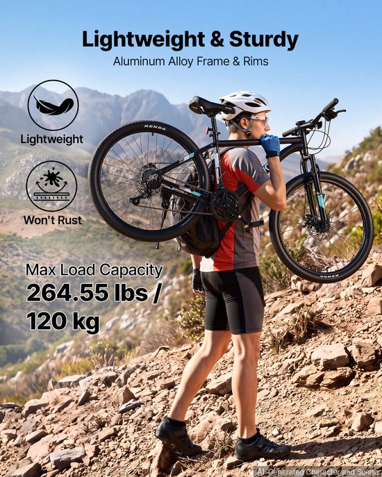 VEVOR Mountainbike voor Dames en Heren, 26 inch, 21 Versnellingen, Zwart, Outdoor, Ideaal voor Volwassenen, Frame van Aluminiumlegering, met Verende Voorvork, Draagvermogen van 120 Kg, Bel, Reflectoren en Lichtbevestiging — afbeelding 4