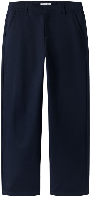Marineblauwe broek met regular fit en riemlussen.