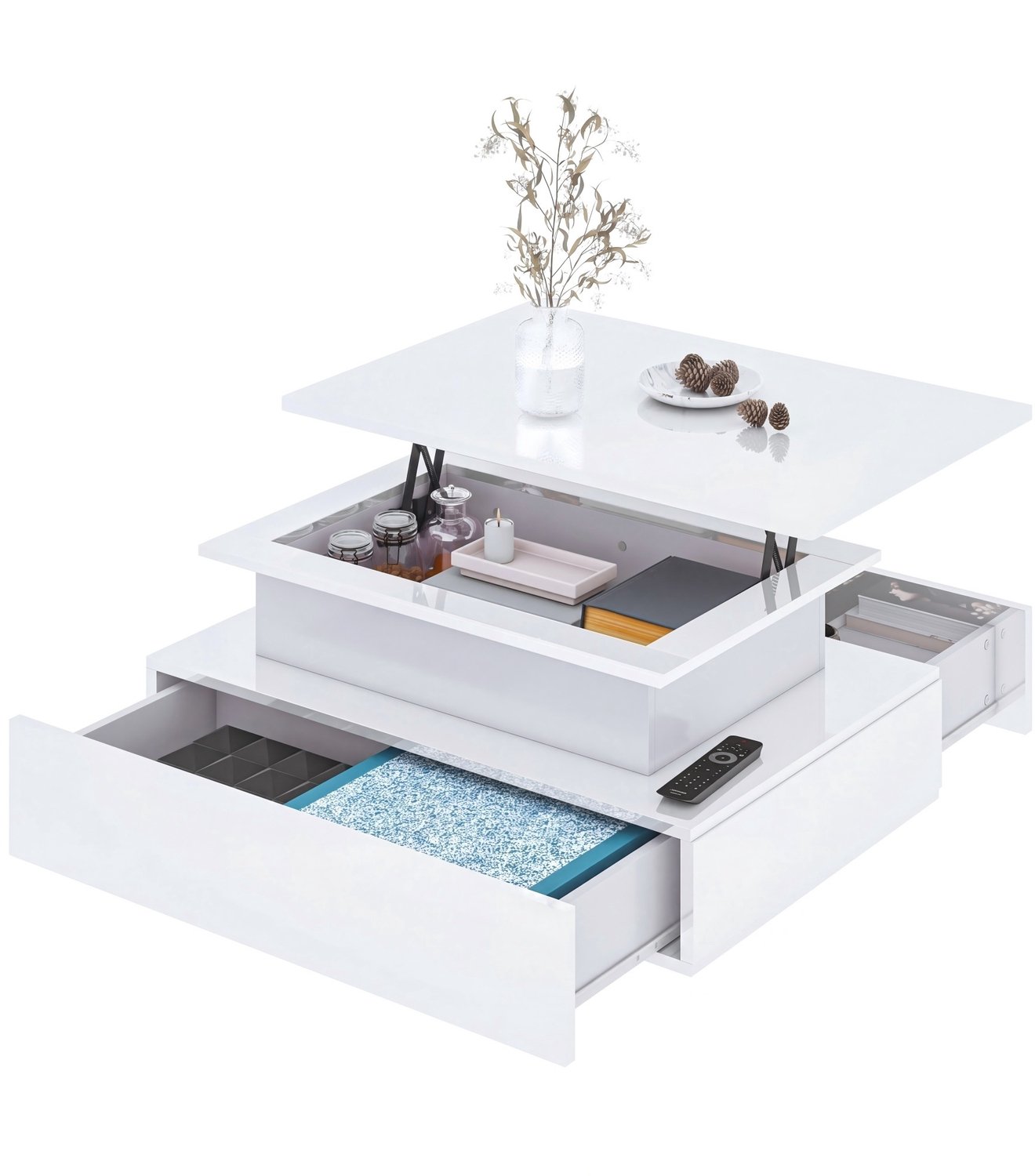 Mura Logistiek Mura Salontafel - Coffee Table - Verstelbare Tafel - In Hoogte Verstelbaar Liftblad - 2 Opberglades - 1 Opberg Vak - Wit