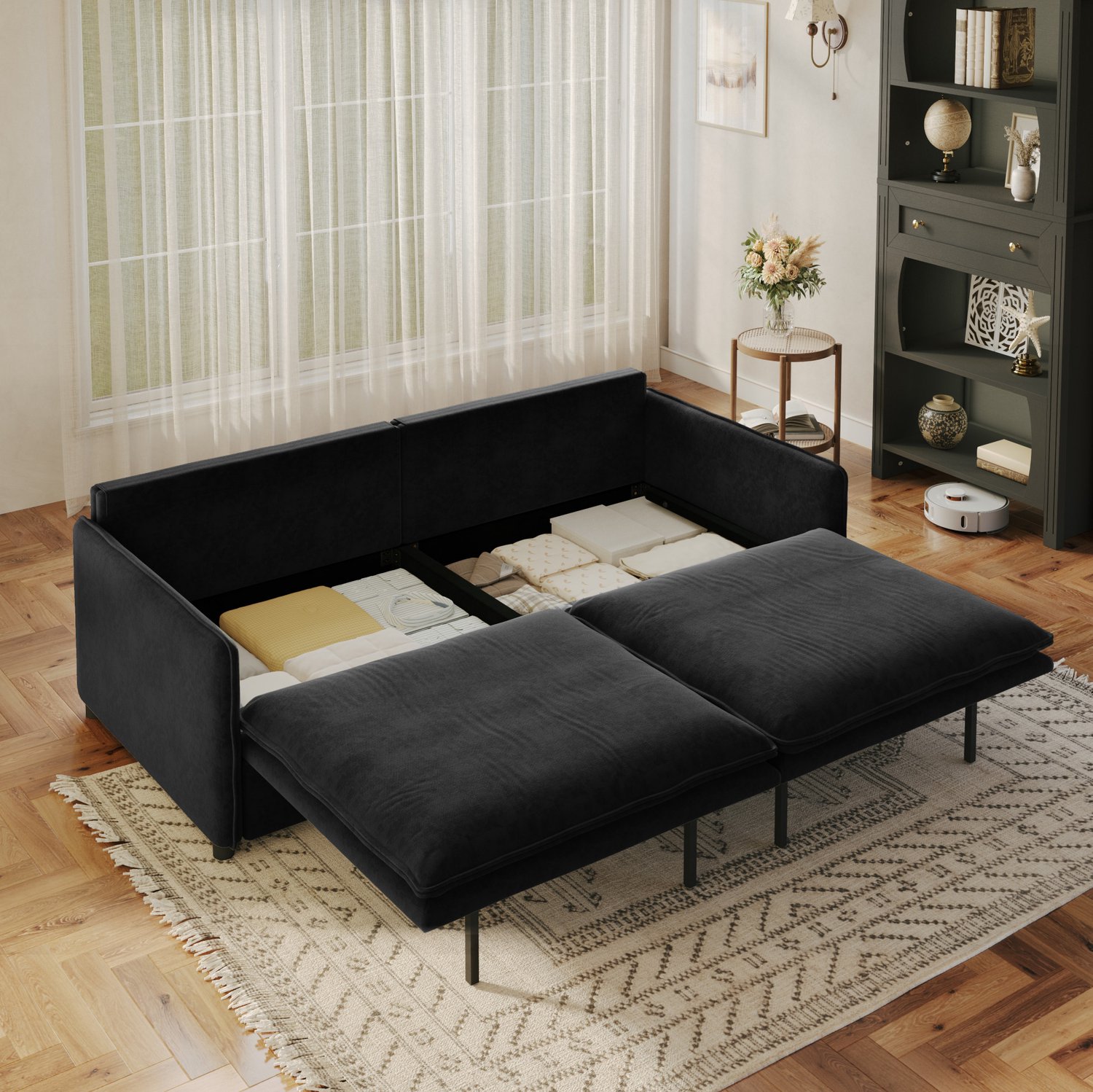MODENUIT Slaapbank 206 cm - 3-Zits Uitschuifbaar Met Opbergruimte - Voor Woonkamer - Chenille - Zwart