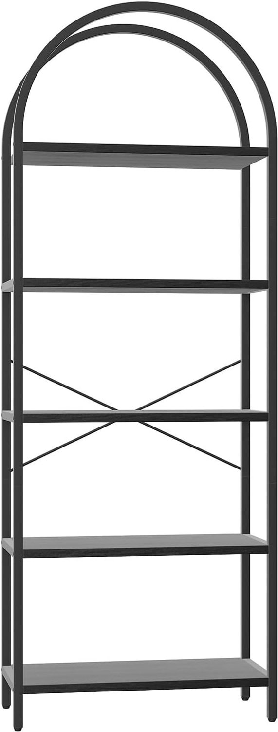 HOERFURIY Modern gebogen boekenkast met 5 planken, smalle staande kast van MDF en metalen frame zwart