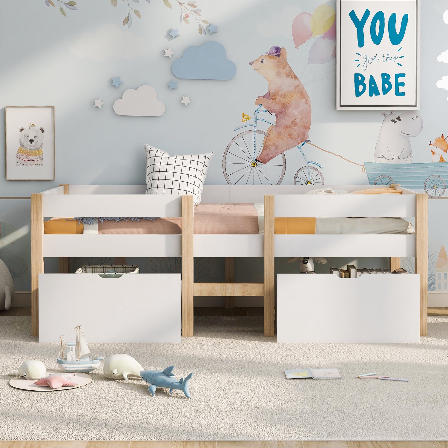 Vovtenza Kinderbed met lade en valbeveiliging, massief grenenhout - 90x190 cm - wit & eiken