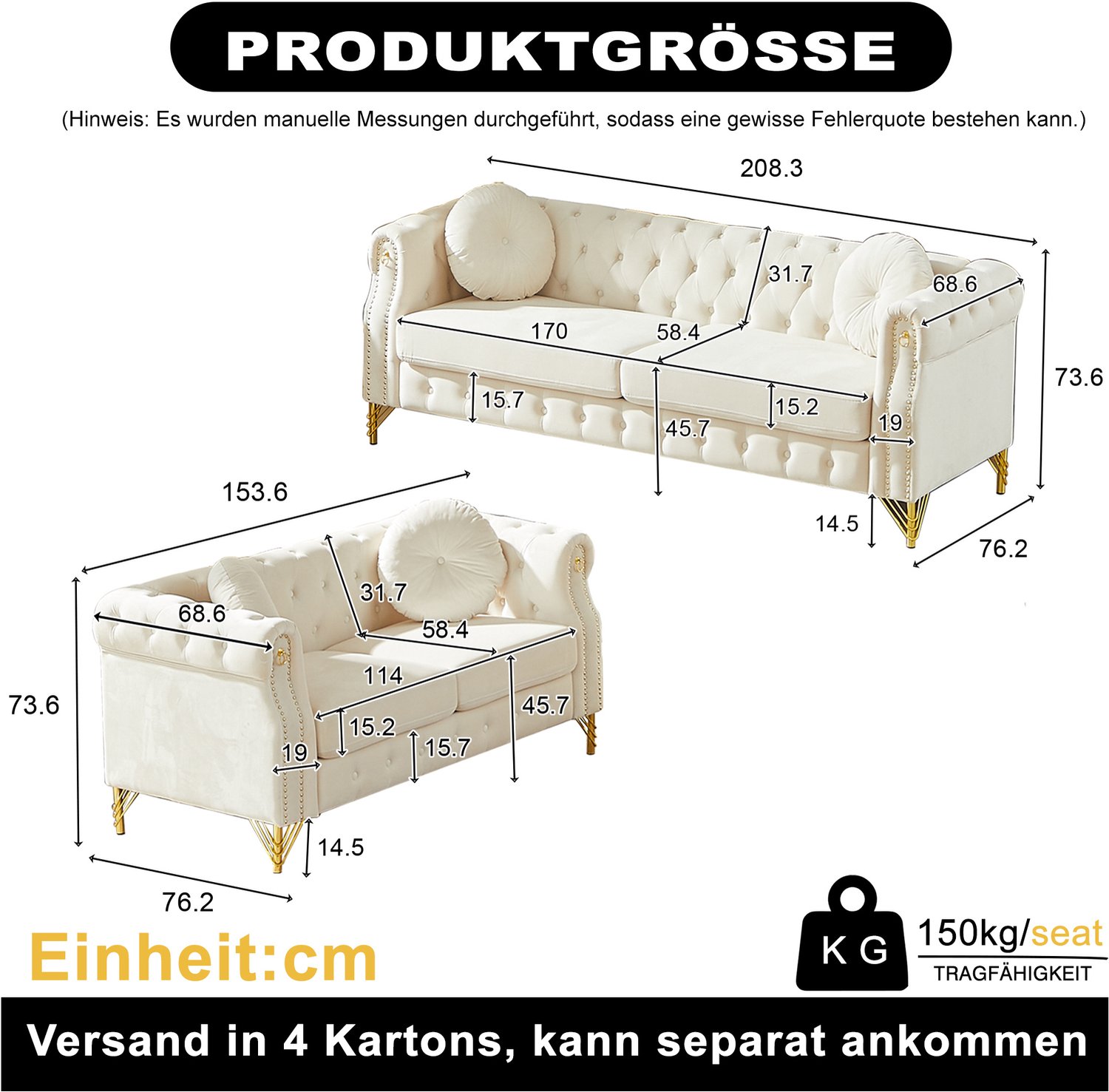 OKWISH Chesterfield Bank 208,3 cm - 2-Zits met Gecapitonneerde Knopen, Sierringen en Goudkleurige Poten - Woonkamer - Fluweel - Beige