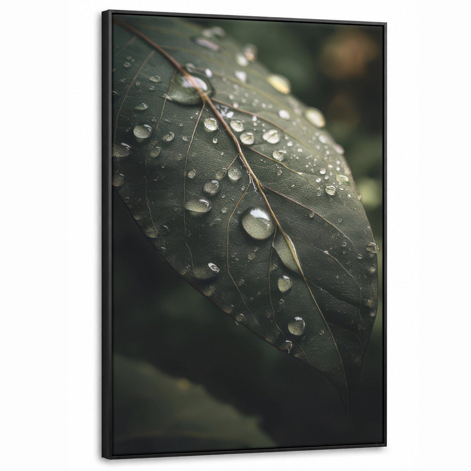 Canvas Schilderij met Baklijst XXL Canvas Schilderij met Baklijst 90x140cm - Blad - Groen - Nerven - Regendruppels - Muurdecoratie woonkamer - Slaapkamer decoratie - Kamer accessoires - Schilderijen op canvas met lijst groot