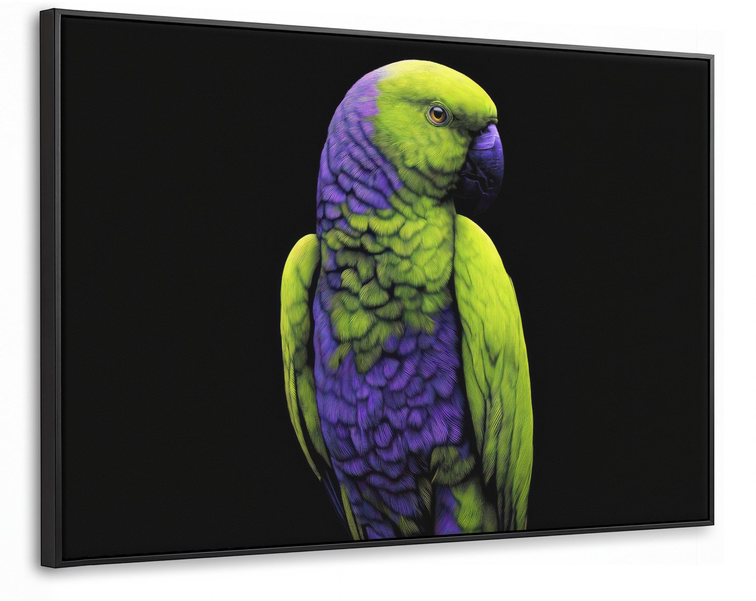 Canvas Schilderij met Baklijst XXL Canvas Schilderij met Baklijst 120x80cm - Papegaai - Veren - Opvallend - Groen - Muurdecoratie woonkamer - Slaapkamer decoratie - Kamer accessoires - Schilderijen op canvas met lijst groot