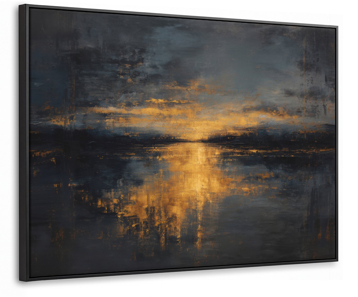 Canvas Schilderij met Baklijst 70x50cm - Gouden Reflectie op Water - Muurdecoratie woonkamer - Slaapkamer decoratie - Kamer accessoires - Schilderijen op canvas met lijst