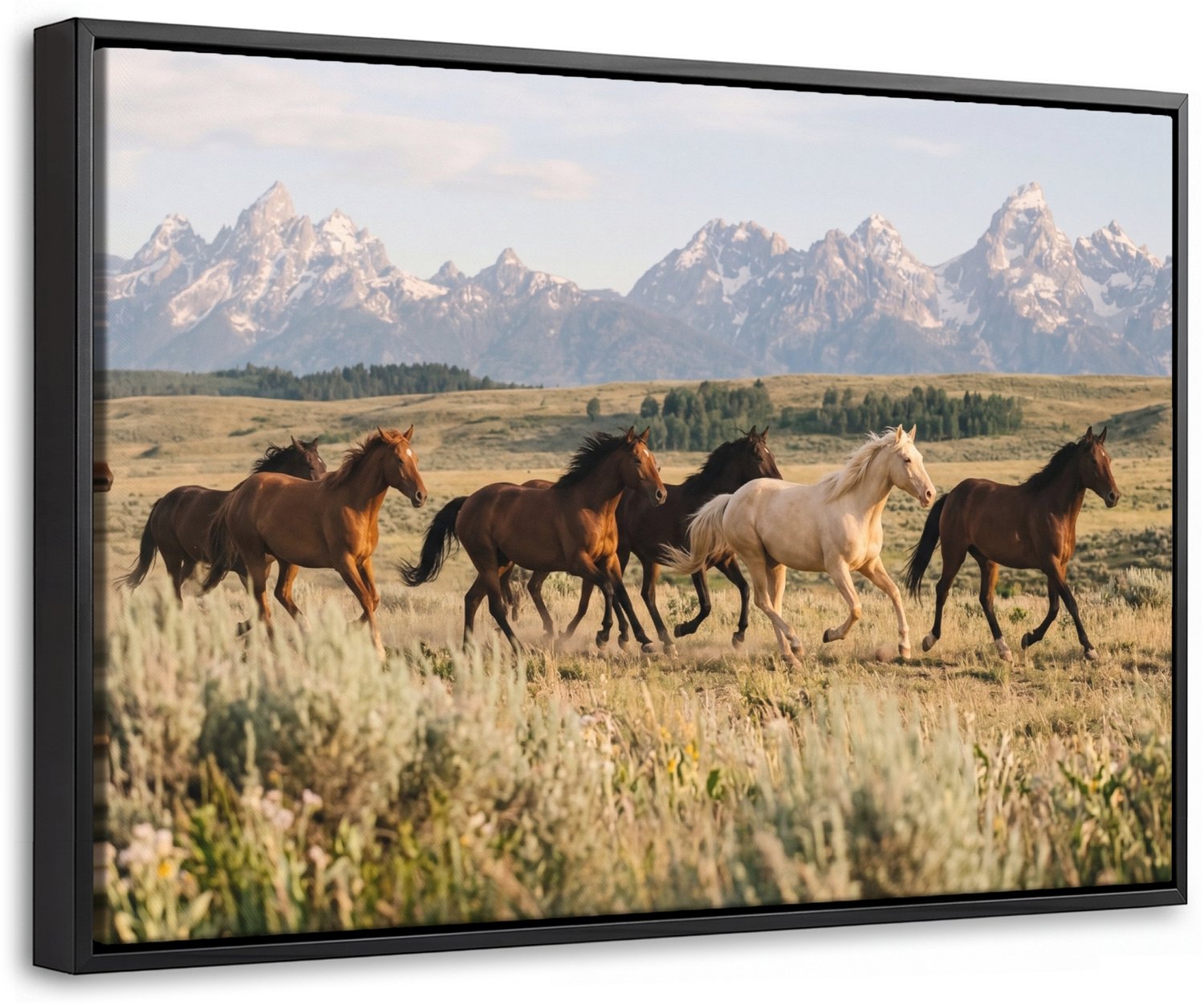 Canvas Schilderij met Baklijst 30x20cm - Paarden - Kudde - Bergen - Vrijheid - Wild - Muurdecoratie woonkamer - Slaapkamer decoratie - Kamer accessoires - Schilderijen op canvas met lijst