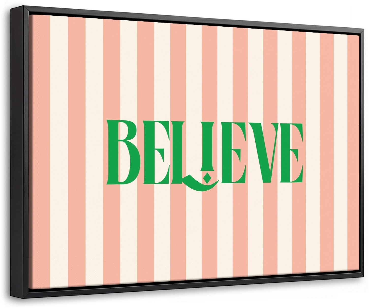Canvas Schilderij met Baklijst 60x40cm - Zachtroze - Groen- Strepen - Believe - Muurdecoratie woonkamer - Slaapkamer decoratie - Kamer accessoires - Schilderijen op canvas met lijst