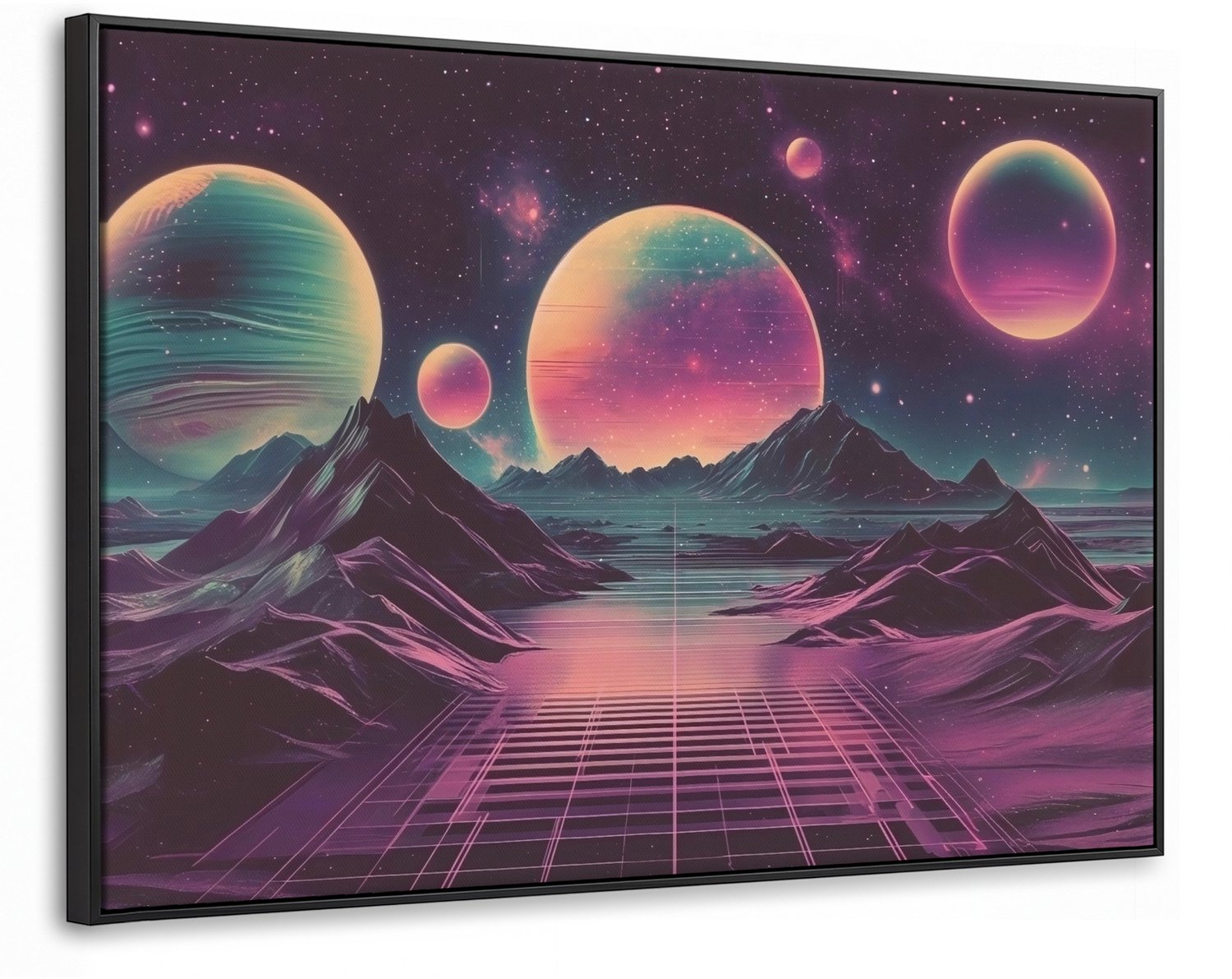 Canvas Schilderij met Baklijst 90x60cm - Landschap - Planeten - Horizon - Paars - Muurdecoratie woonkamer - Slaapkamer decoratie - Kamer accessoires - Schilderijen op canvas met lijst