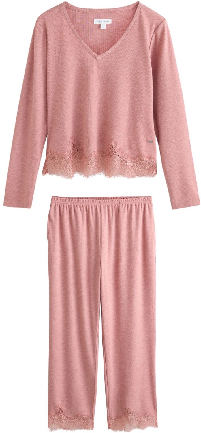 Next Dames - Gezellige geribbelde pyjama met lange mouwen en kanten details - Tall - Roze Pink