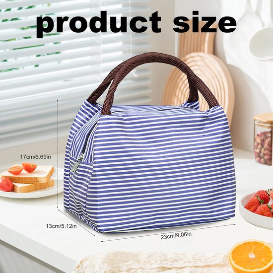 Lunch Tas Koeltas 2 Stuks, Geïsoleerde Lunchbox Tas met Oxford Stof, Opvouwbare Thermotas 23 × 17 × 13 cm voor School, Werk, Picknick en Reizen, Blauw Gestreept & Khaki Gestreept — afbeelding 2