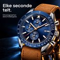 Close-up van TYME Florence chronograaf met blauwe wijzerplaat, datumweergave en cognacbruine band.