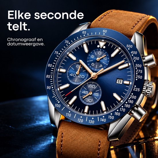Close-up van TYME Florence chronograaf met blauwe wijzerplaat, datumweergave en cognacbruine band.