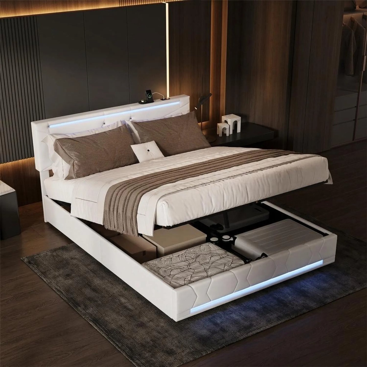 MEXUS Gestoffeerd Bed 160x200 cm met LED-verlichting en Opbergruimte - Tweepersoonsbed met USB/Type-C - Opbergbed - Jongerenbed - Bedframe met lattenbodem - Linnen Beige - Zonder Matras