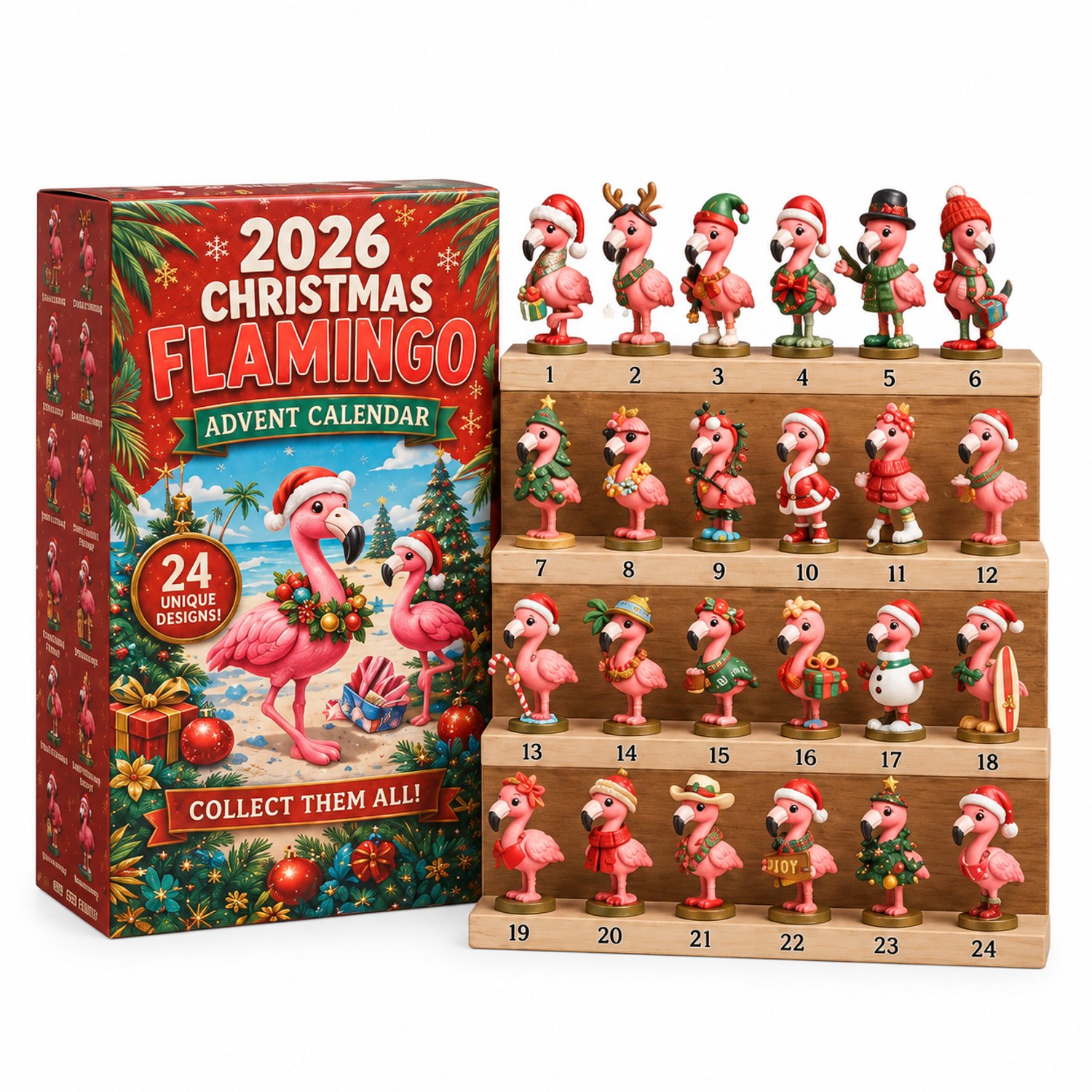 2026 flamingo-adventskalender met 24 verschillende kerstfiguurtjes, 26 x 18 x 3 cm, in bedrukte doos