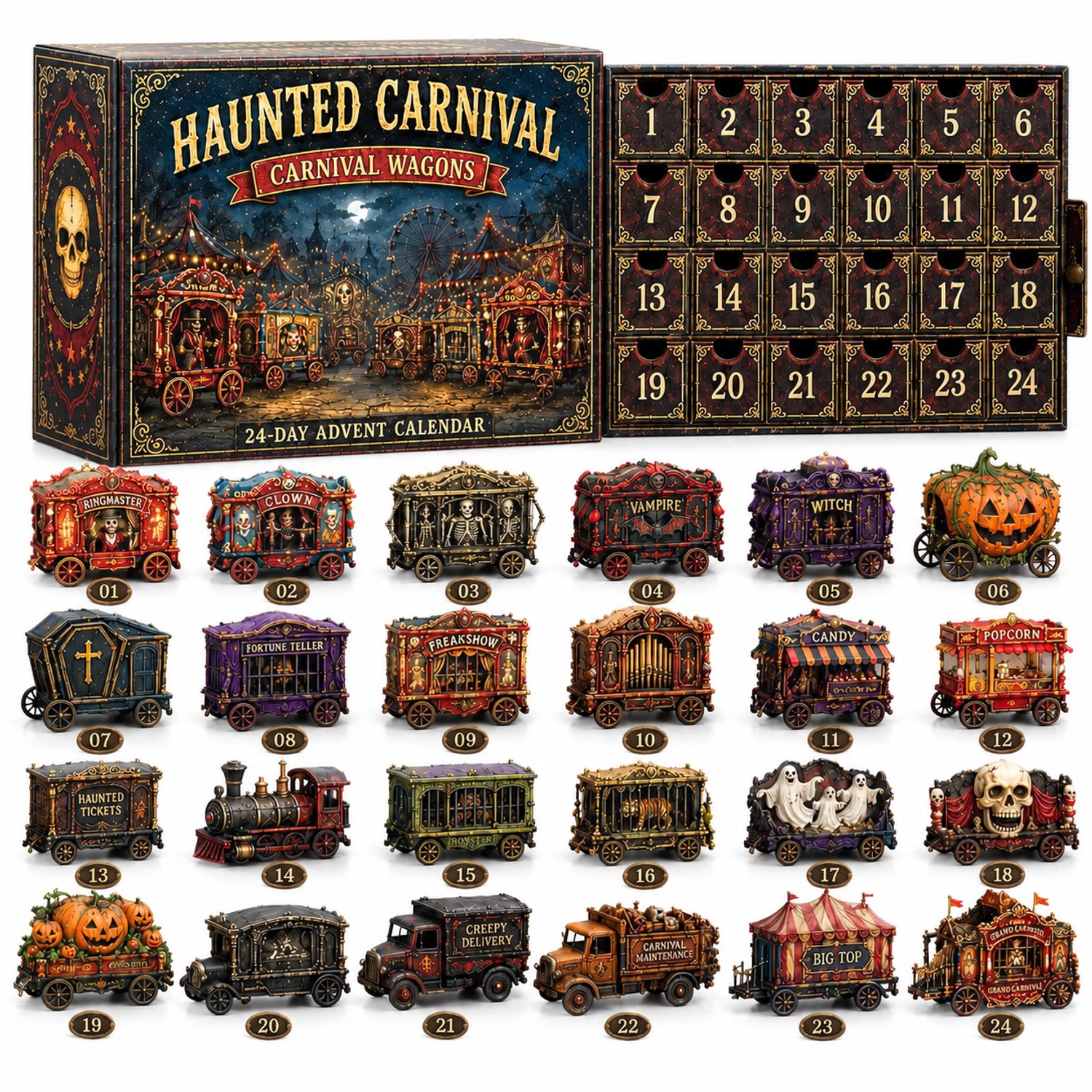SWGOTA Adventskalender met carnavalswagens, 24 genummerde vakjes en miniatuurdecoraties, verpakking 26 × 18 × 3 cm Zwart