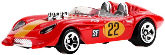 Rode Hot Wheels racewagen met een gele streep, nummer 22 op de zijkant en open cockpit.