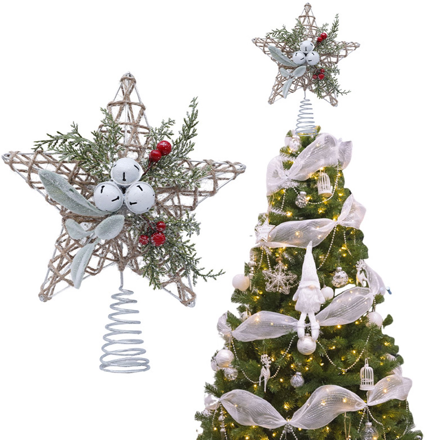 Glinsterende Kerstdecoratie - Kerstboom Piek - Piek kerstboom - Christmas piek - Vintage Verlichte Boomtopper Met Bel - Kerstboom topper - kerstversiering - kerstboomversiering - Verlichte Piek - Ster LED verlichting