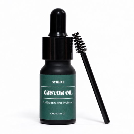 Zwarte druppelfles met groen Syrene Castor Oil label en een zwart borsteltje voor wimpers en wenkbrauwen.