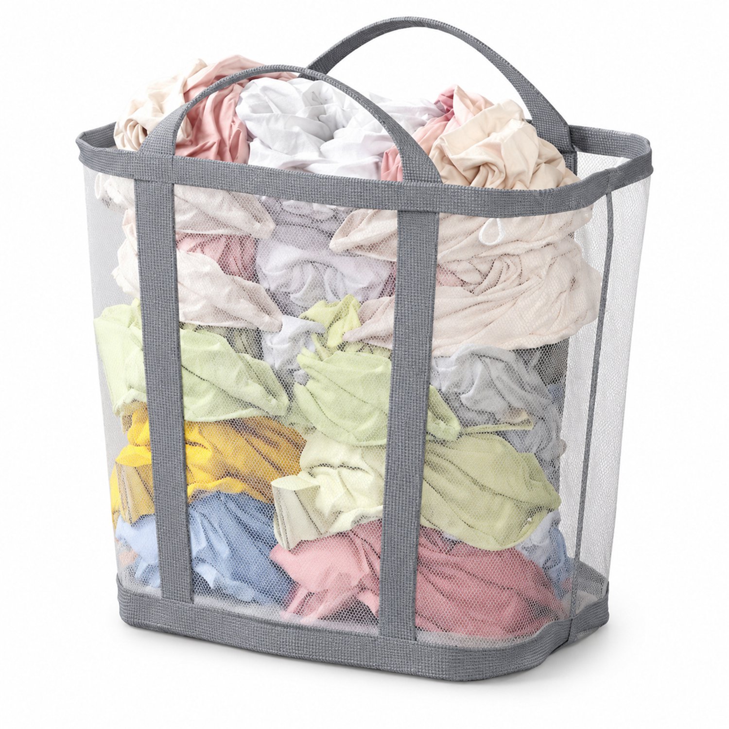 Opvouwbare grijze wasmand groot, 35 x 22 x 37 cm, met gaaswanden en twee draaghengsels