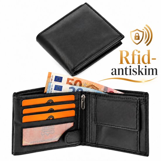 Zwarte RFID-beveiligde portemonnee met vakken voor pasjes, briefgeld en een vak met rits.