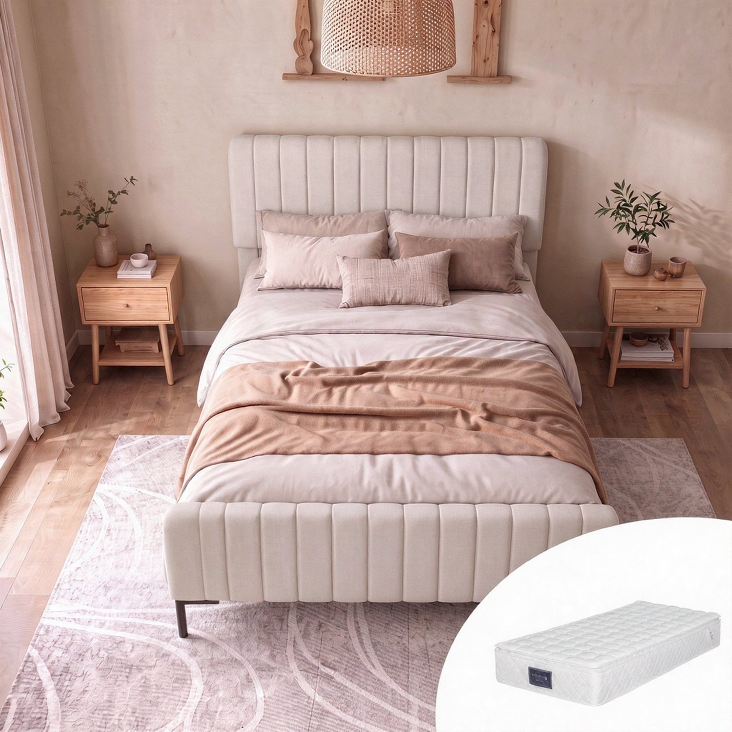 Vovtenza Gestoffeerd eenpersoonsbed 90 x 200 cm - bedframe met lattenbodem en verstelbaar hoofdeinde - gestoffeerd bed in grijsbeige - bedframe jeugdbed voor slaapkamer logeerkamer - linnen materiaal (inclusief matras) Grijs+Beige