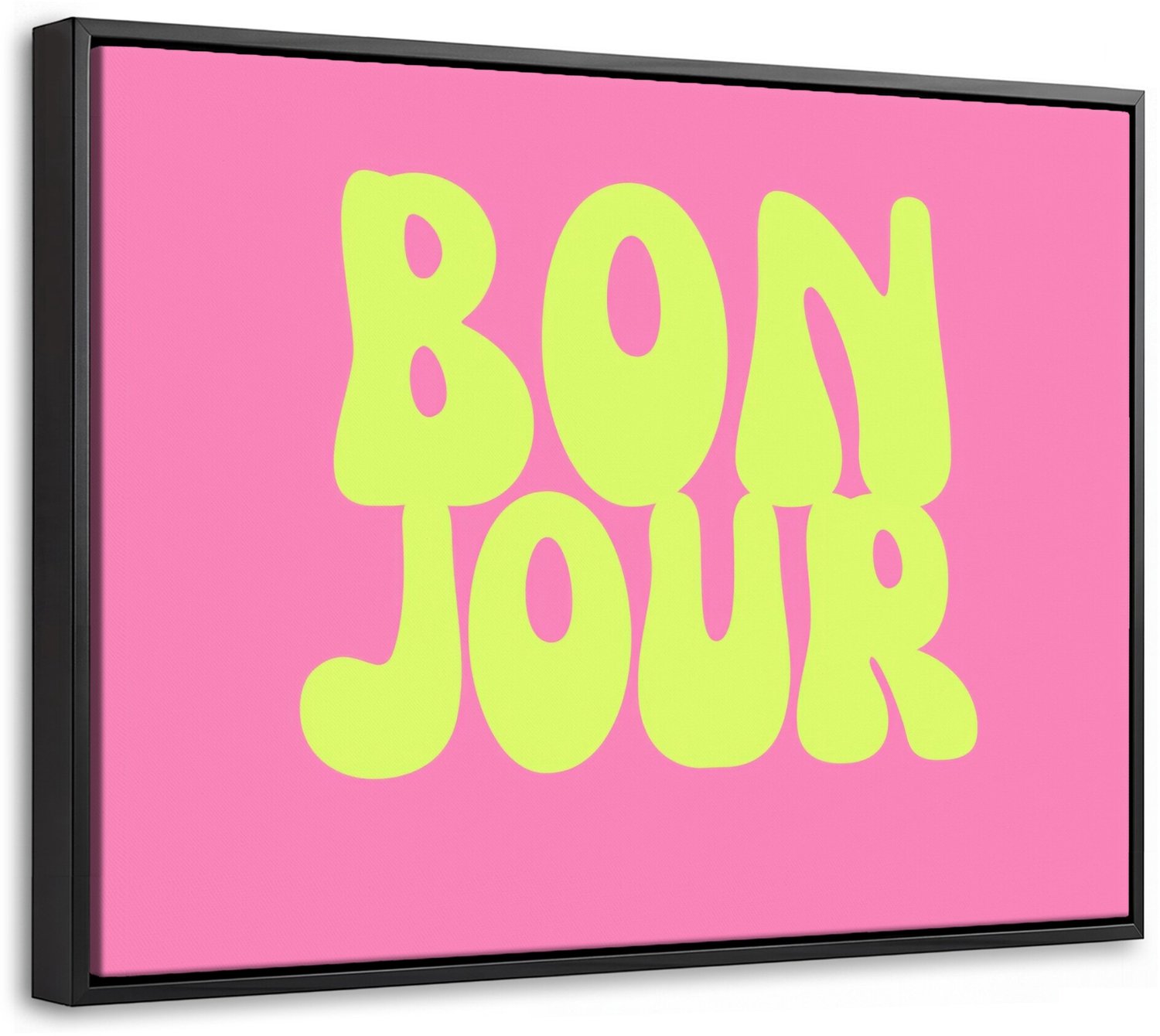 Canvas Schilderij met Baklijst 40x30cm - Bonjour - Roze - Fel groen - Muurdecoratie woonkamer - Slaapkamer decoratie - Kamer accessoires - Schilderijen op canvas met lijst