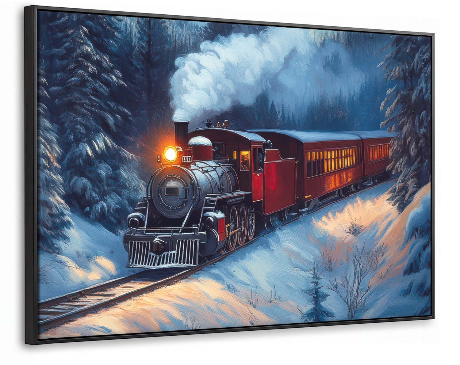 Canvas Schilderij met Baklijst XXL Canvas Schilderij met Baklijst 120x80cm - Trein - Kerst - Sneeuw - Kersttrein - Muurdecoratie woonkamer - Slaapkamer decoratie - Kamer accessoires - Schilderijen op canvas met lijst groot