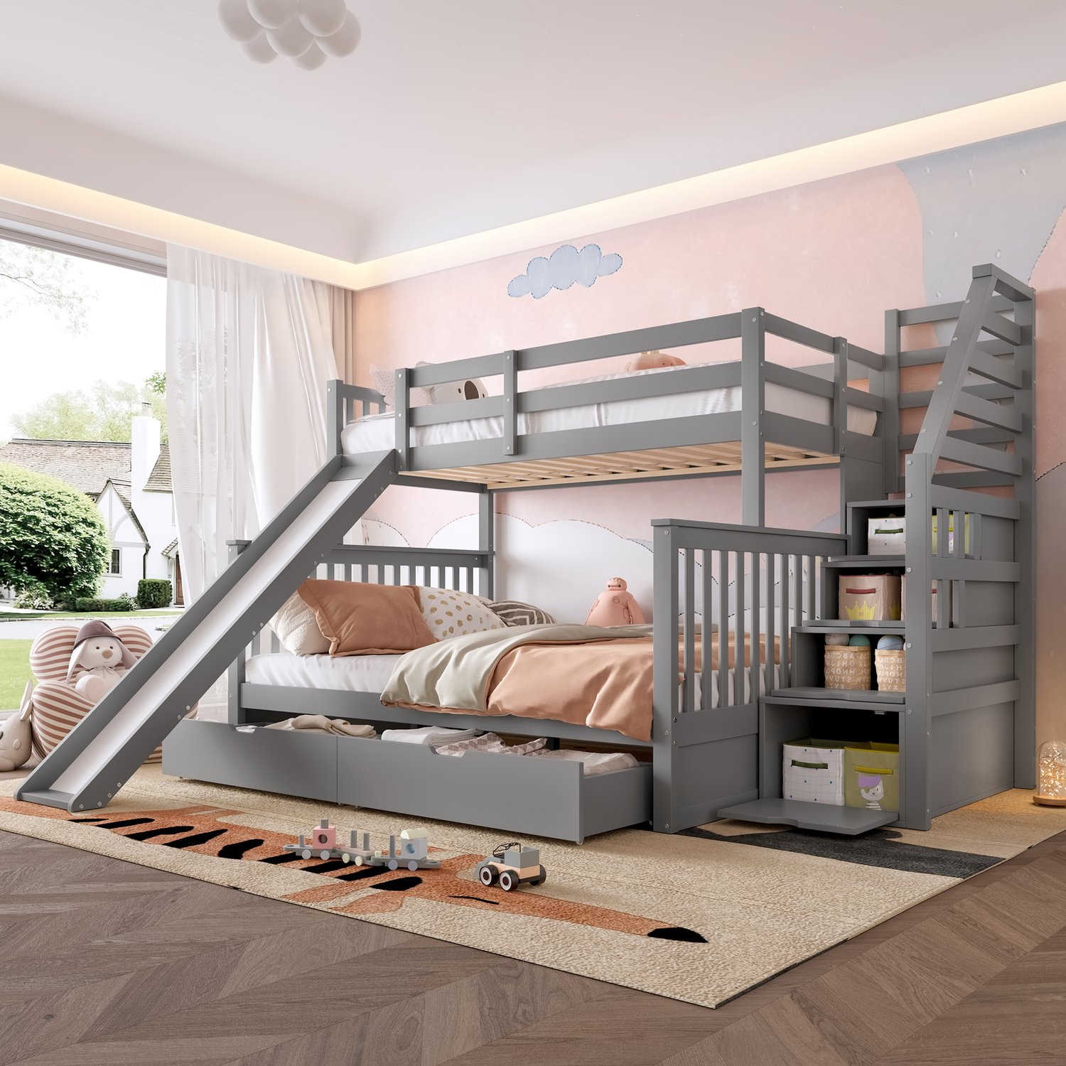 Zubaliya Stapelbed - 90 x 200 / 140 x 200 cm - Grijs - grenenhout - Lades - Glijbaan - Opbergruimte
