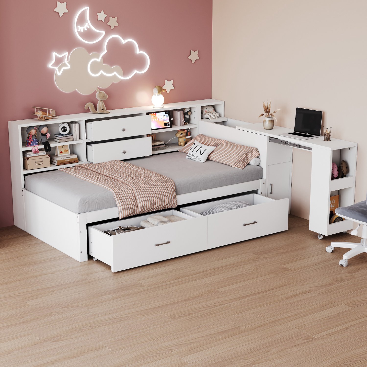 Zubaliya Dagbed - 90 x 200 cm - Wit - hout - Bureau - Lades - Stopcontact