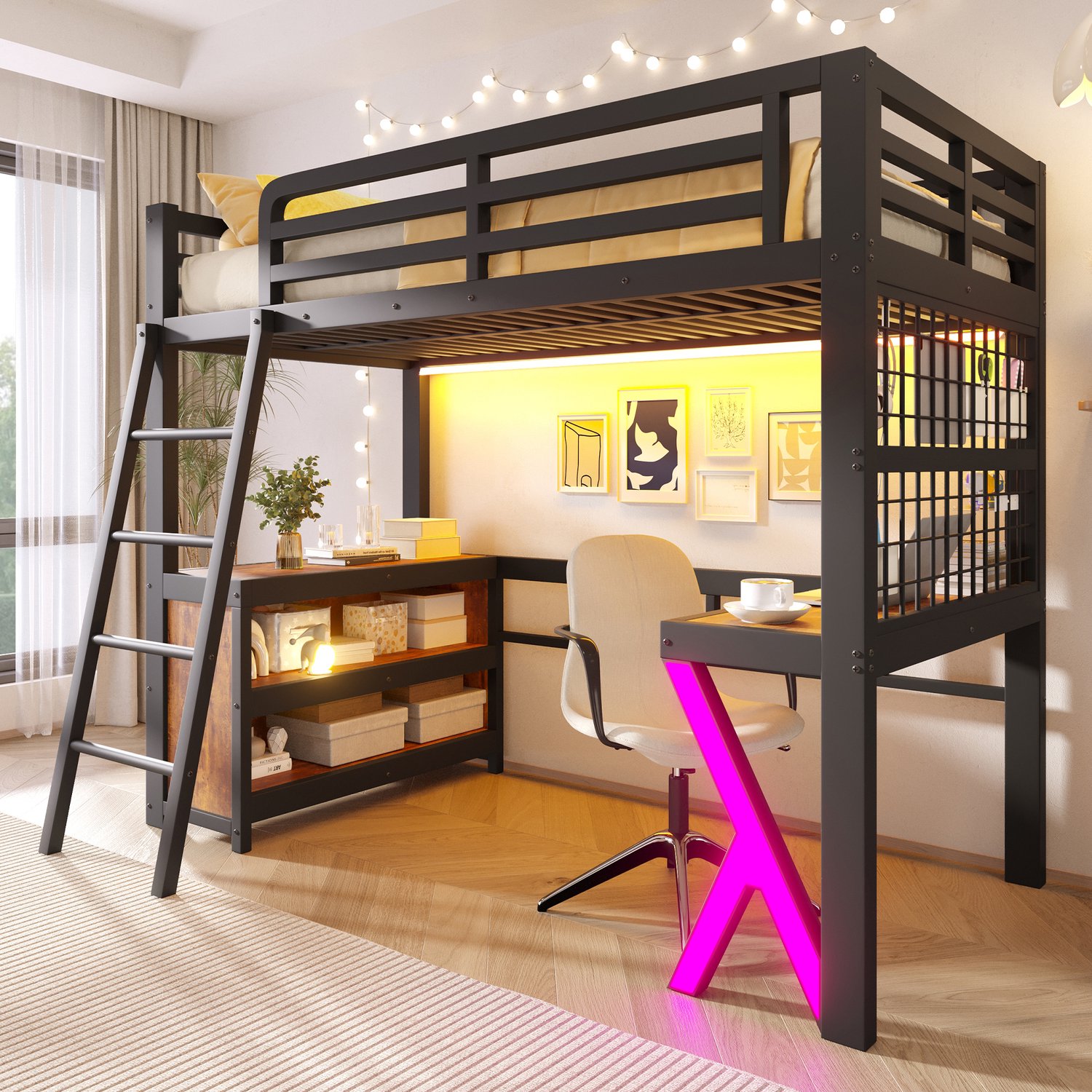 Zubaliya Hoogslaper - 90 x 200 cm - Zwart - MDF, metaal - LED-verlichting