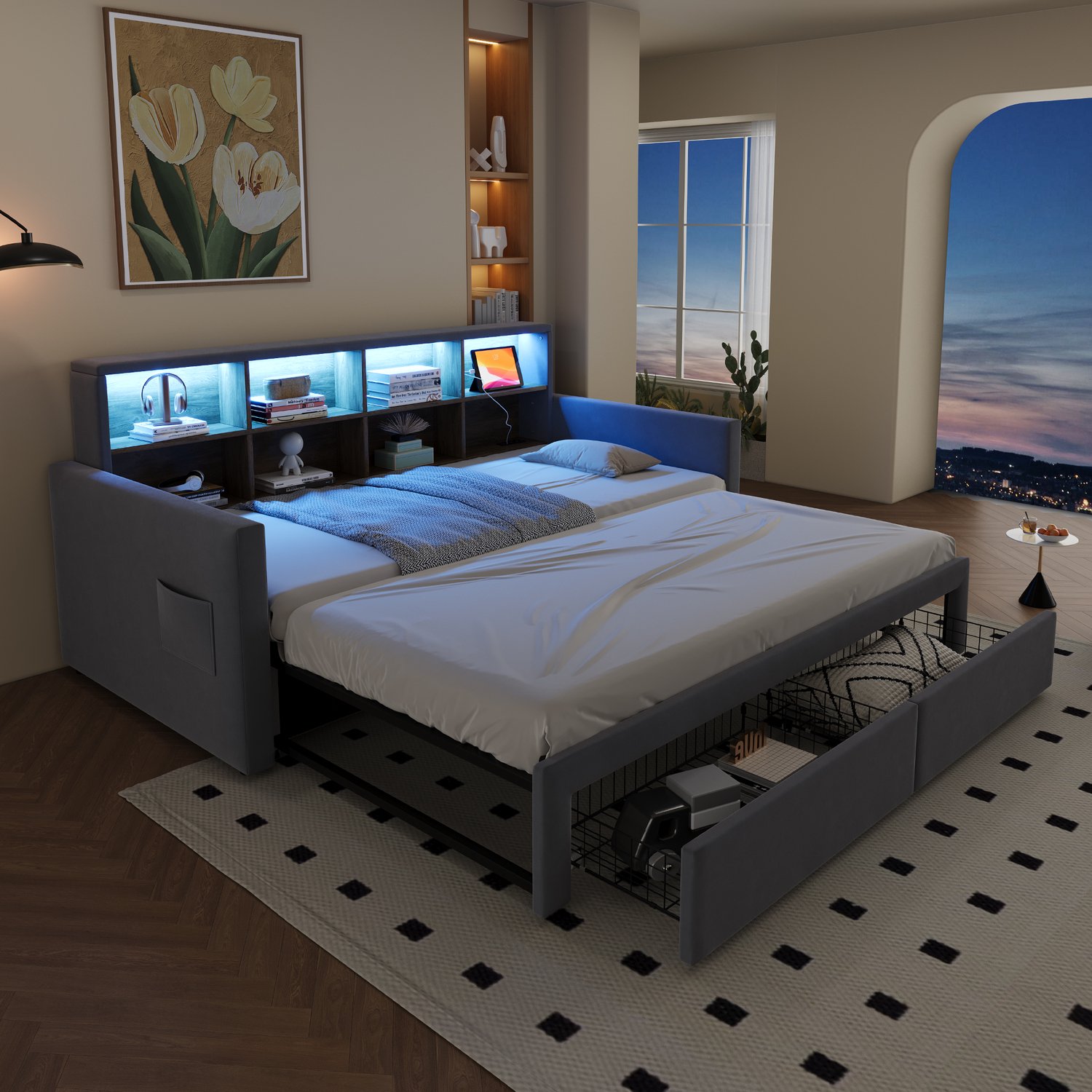 Zubaliya Dagbed - 90 x 190 / 180 x 190 cm - Lichtgrijs - fluweel - LED-verlichting - Lades - Stopcontact