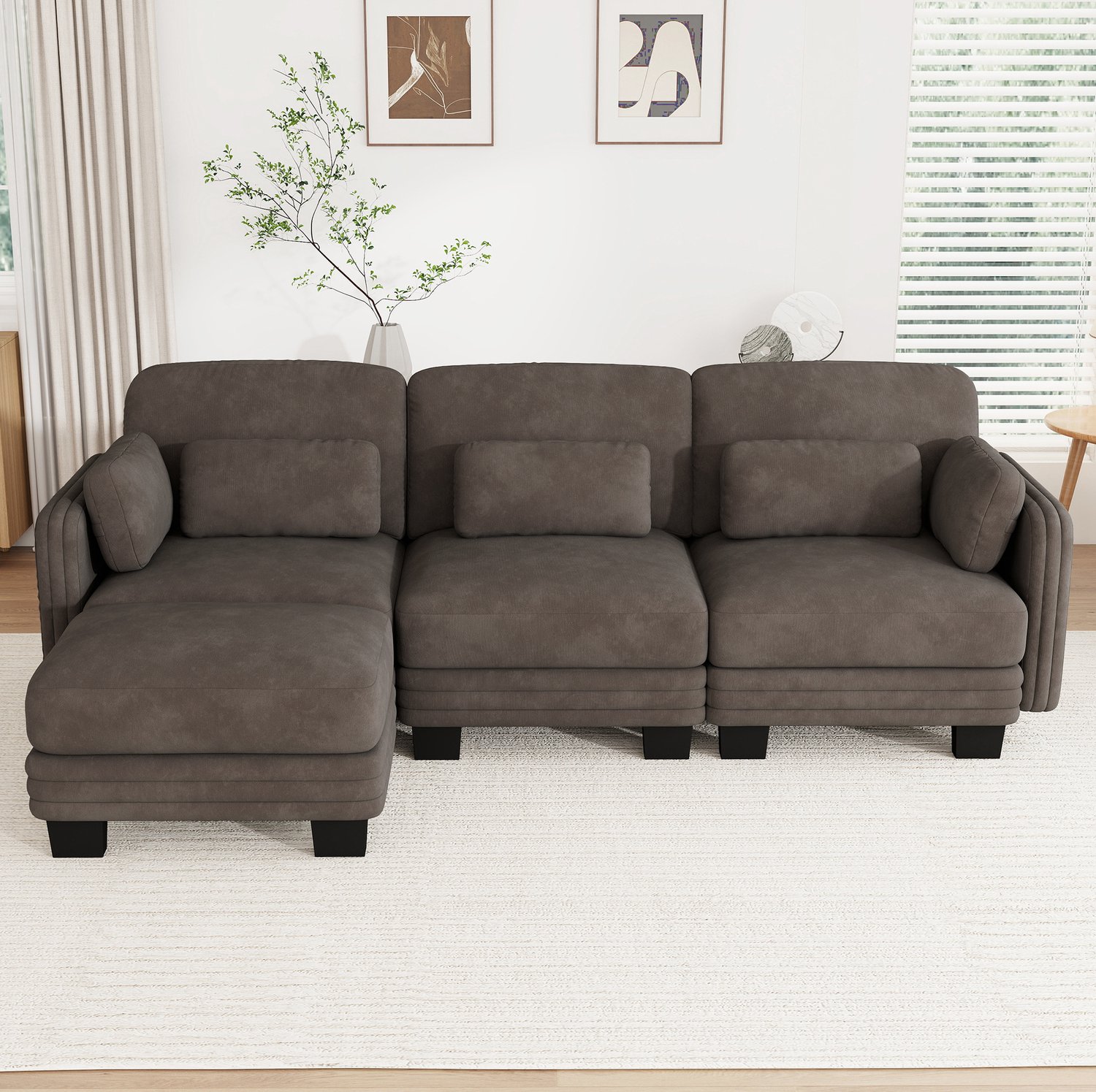 MIVRAY Hoekbank 253 x 143 x 88 cm - Modulaire 3-Zits met Voetenbank en Verplaatsbare Kussens - Voor Woonkamer en Appartement - Chenille - Bruin