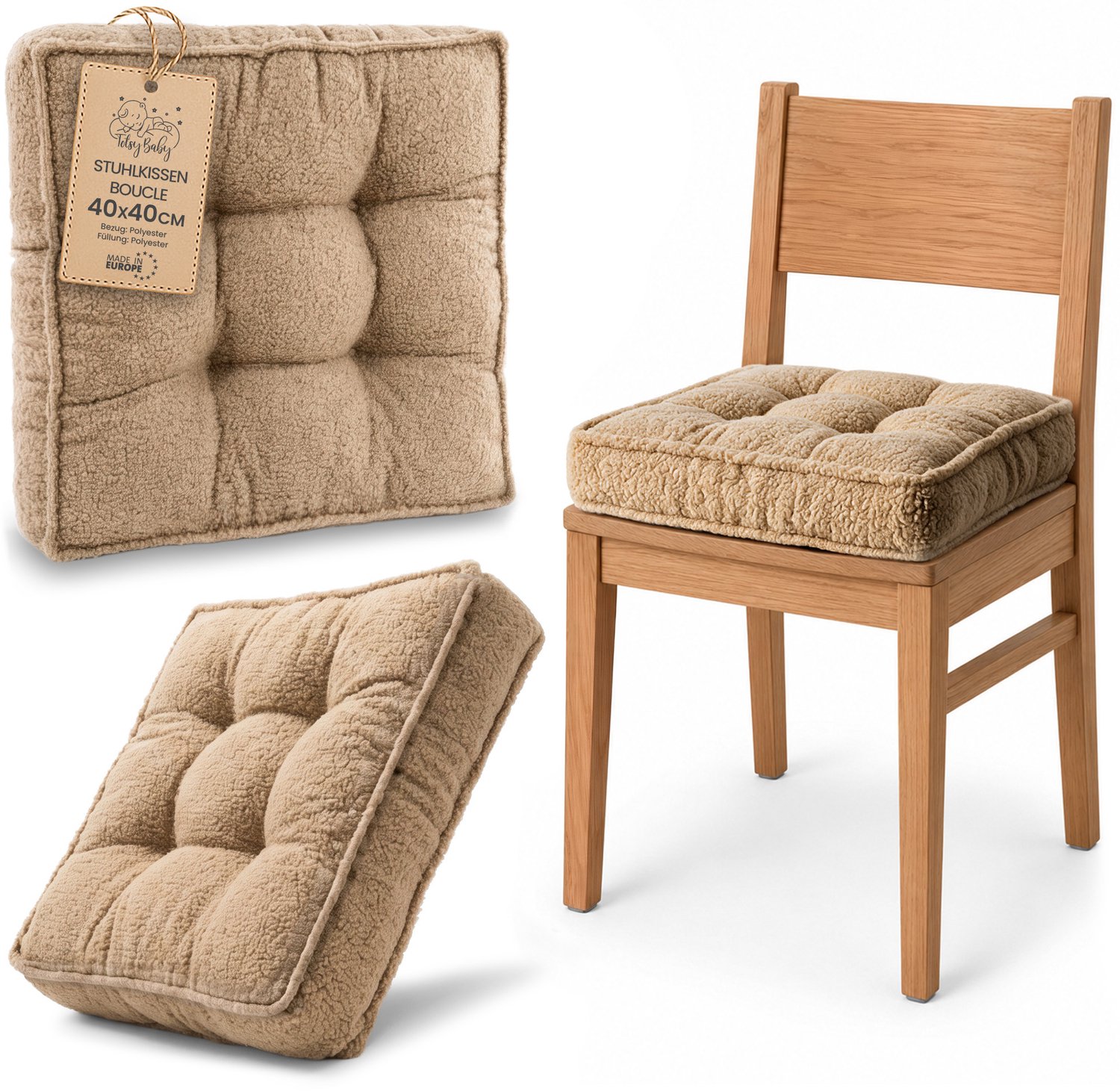 Amazinggirl Zitkussen voor Eetkamerstoel en Keukenstoel Vierkant Zacht Beige Bouclé (1 stuk)