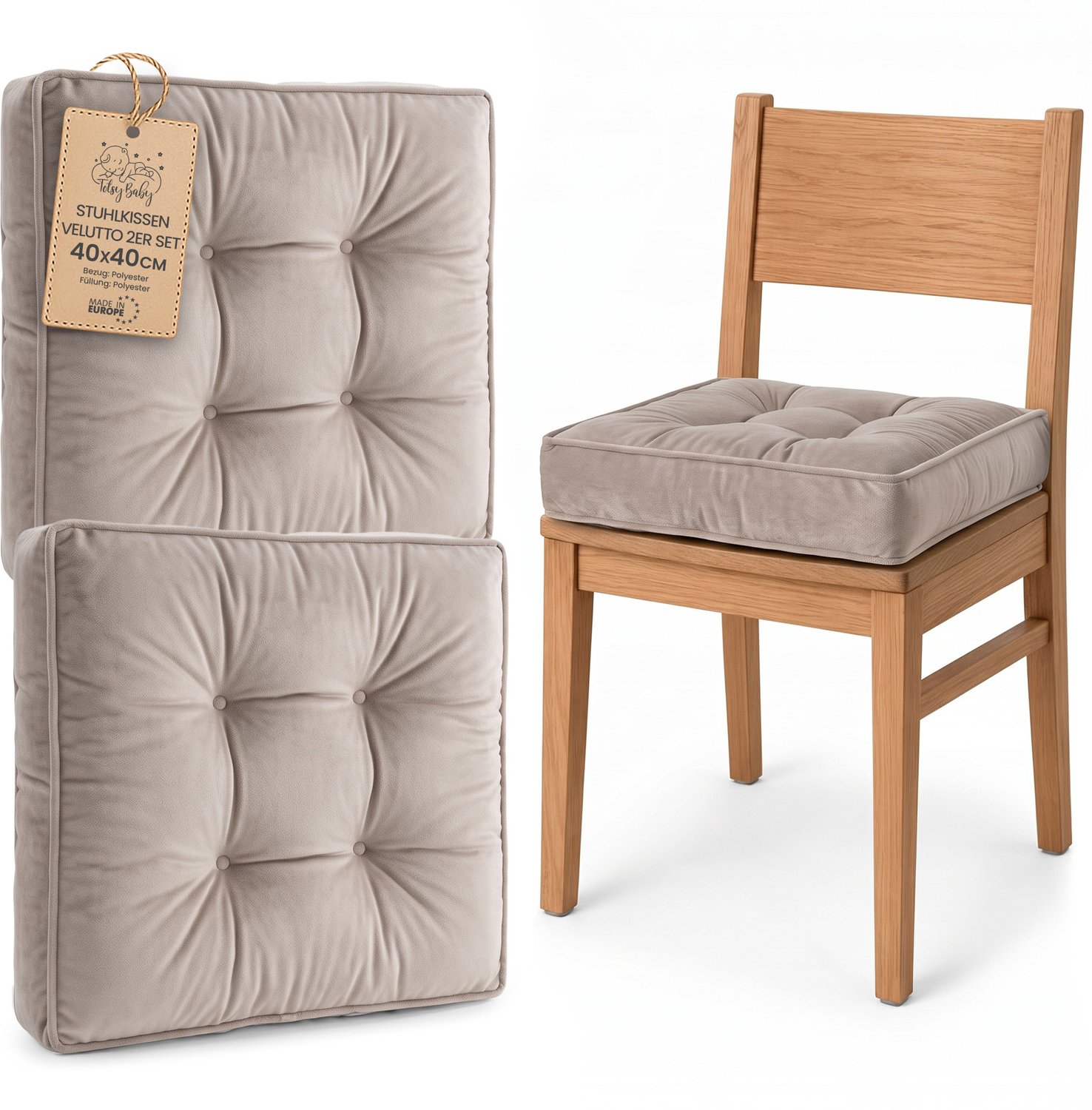 Amazinggirl Zitkussen voor Eetkamerstoel en Keukenstoel Vierkant Zacht Beige Fluweel (2 stuks)