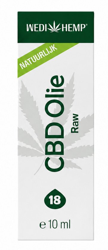 Witte Wedihemp CBD Olie Raw verpakking met groene tekst, hennepplant-icoon en cijfer 18.
