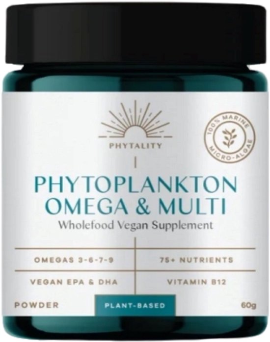Voorkant van een donkerblauwe pot Phytality Phytoplankton Omega & Multi, een veganistisch voedingssupplement.