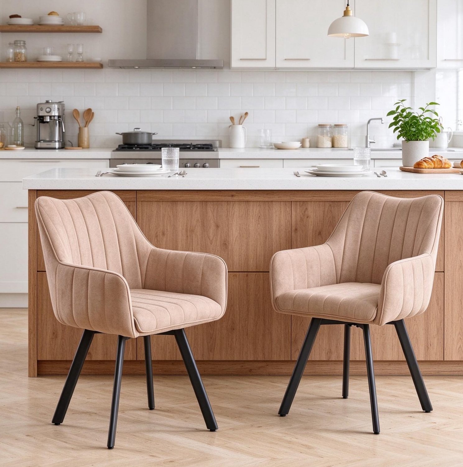 STILVORA Eetkamerstoelen 56 x 59 x 81 cm - Set van 2 met Armleuningen en 360 Graden Draaibaar - Voor Eetkamer - Linnen en Metaal - Khaki Lichtbeige