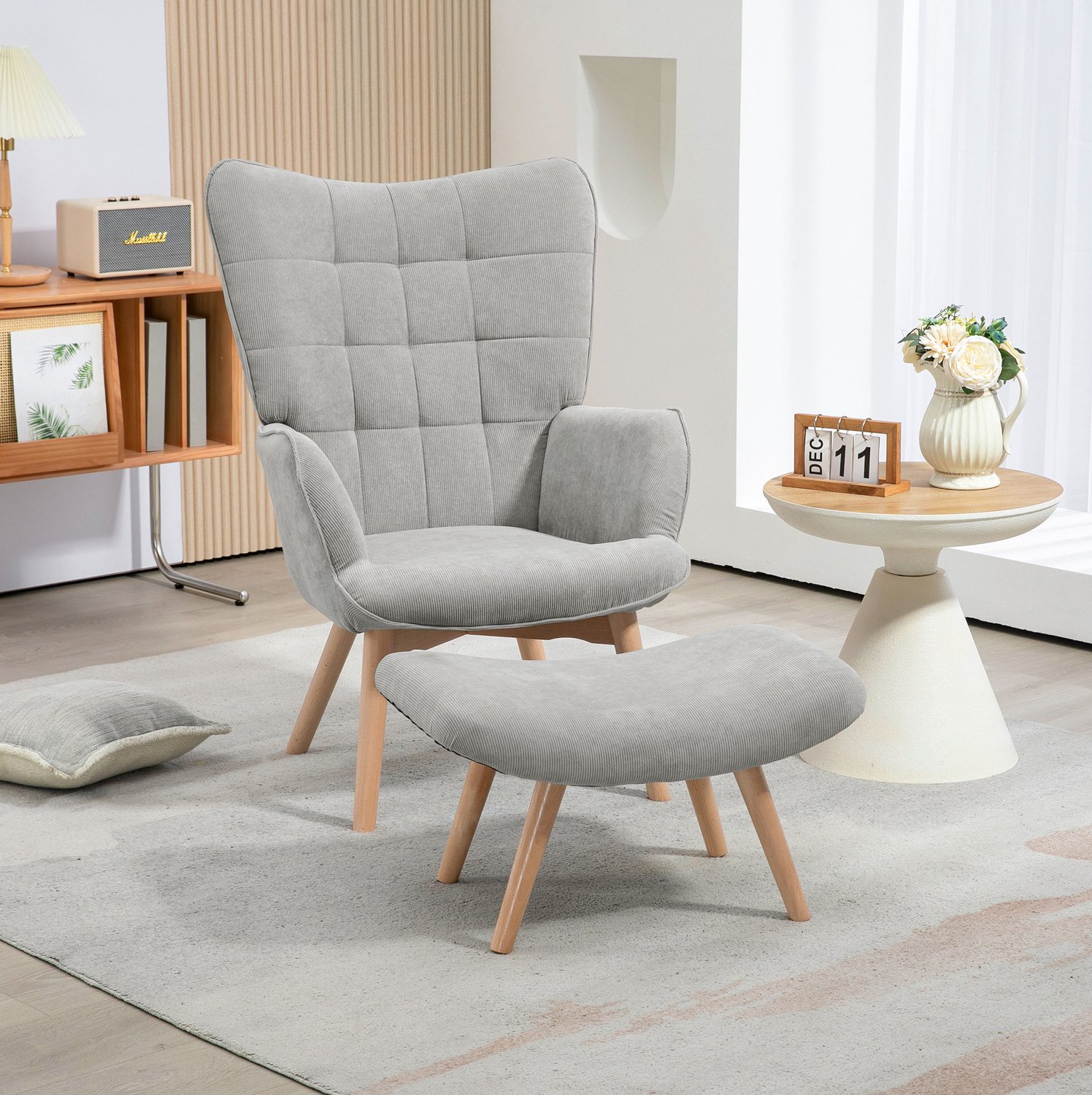 MODENUIT Fauteuil Met Hocker 80 x 72 x 101 cm - Met Armleuningen En Houten Poten - Woonkamer - Grijs