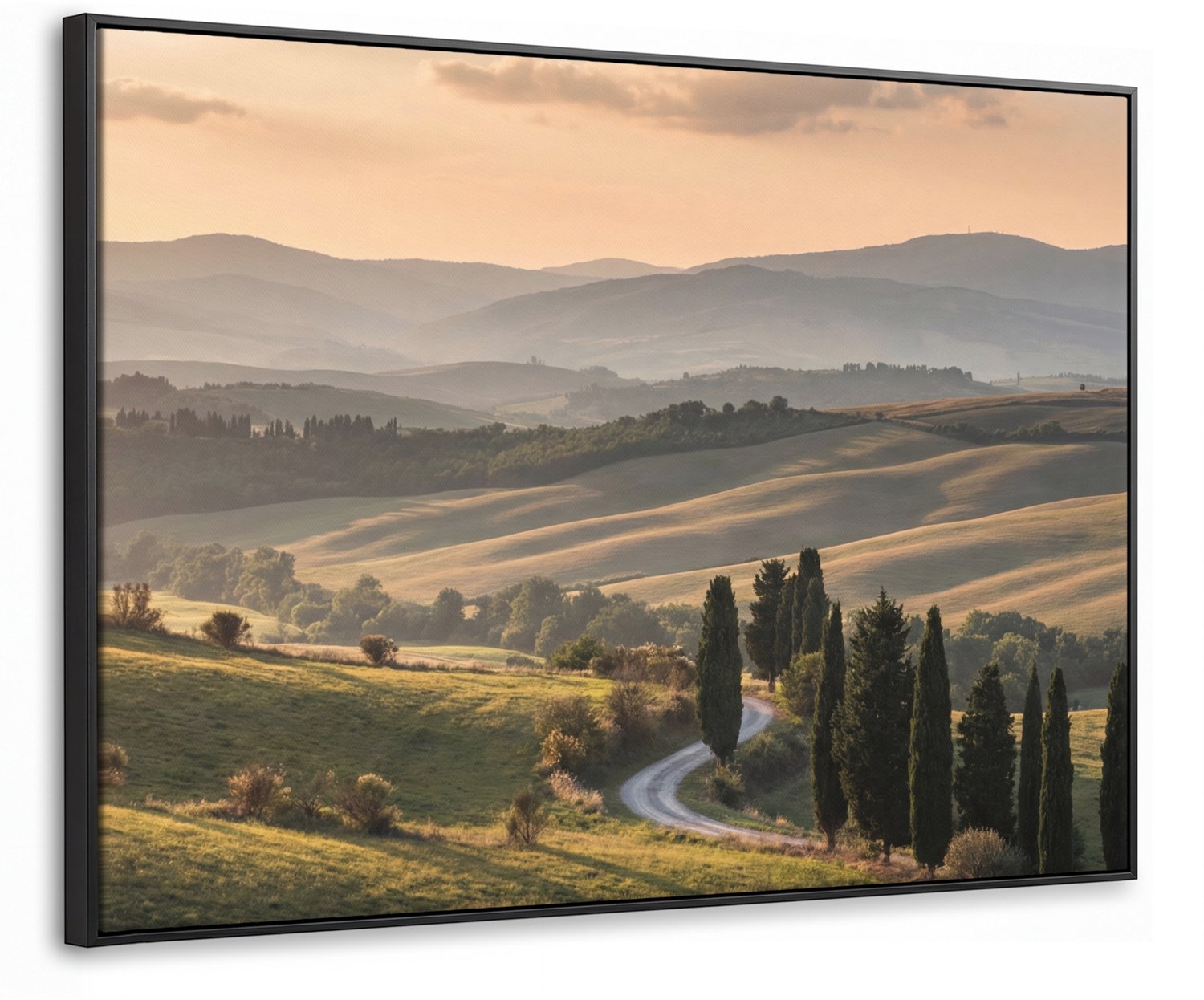 Canvas Schilderij met Baklijst 80x60cm - Toscaans - Landschap - Heuvels - Muurdecoratie woonkamer - Slaapkamer decoratie - Kamer accessoires - Schilderijen op canvas met lijst