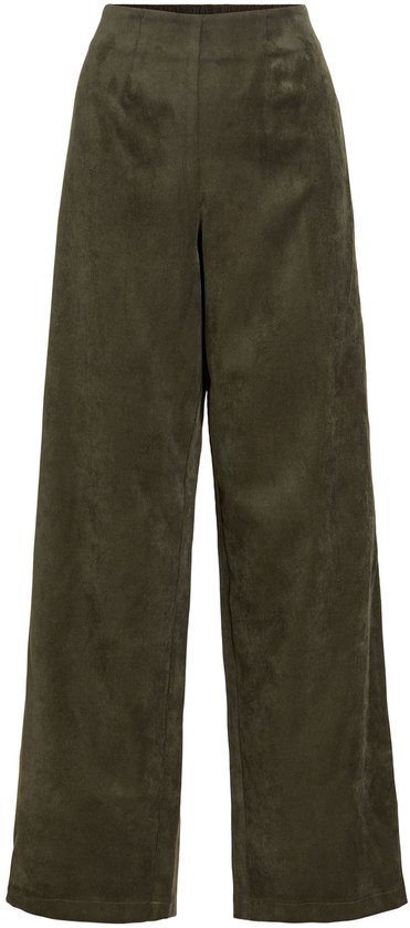 Olijfgroene, wijde ribfluwelen broek met hoge taille en elastische boord.