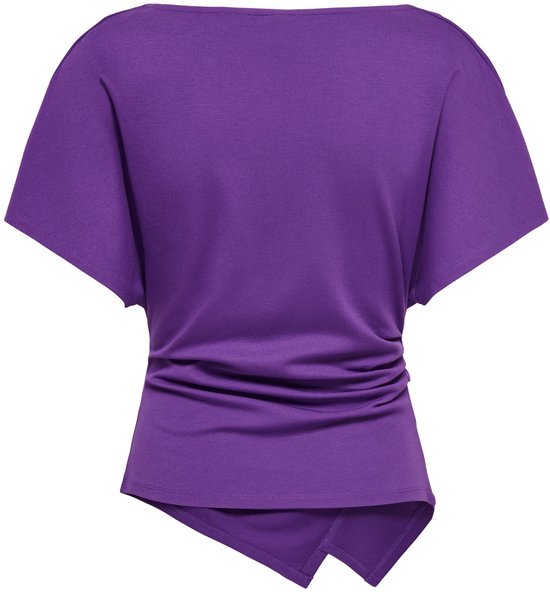 Achterzijde van een paarse ONLY top met korte mouwen, een gladde rug en asymmetrische zoomdetails.